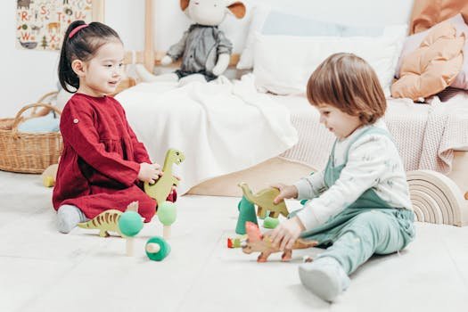 Pre School Two kids playing with wooden toys in a cozy playroom setting, indoors.